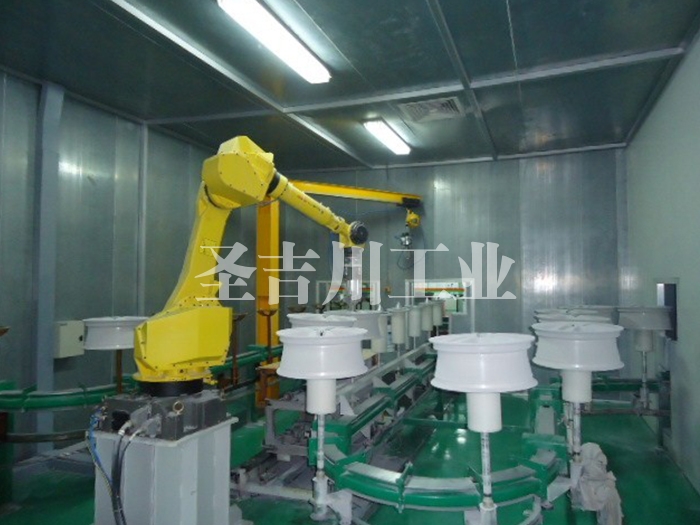 After the aluminum wheel base powder is solidified, the robot center clamps the powder cleaning transfer line mechanism