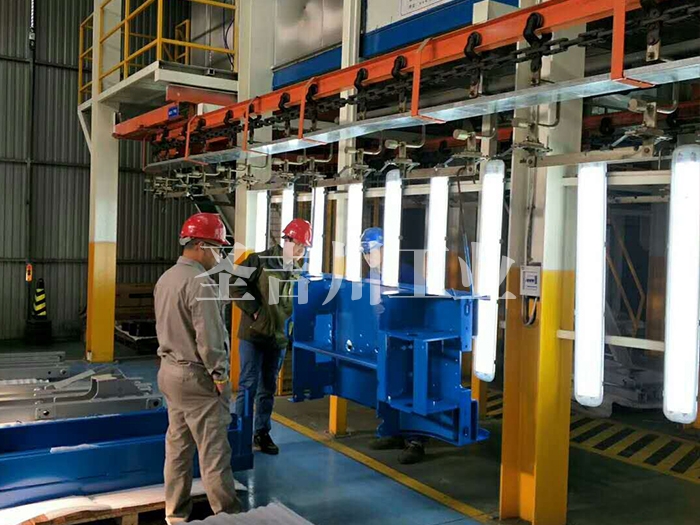 Powder spraying line for heavy industrial parts of construction machinery